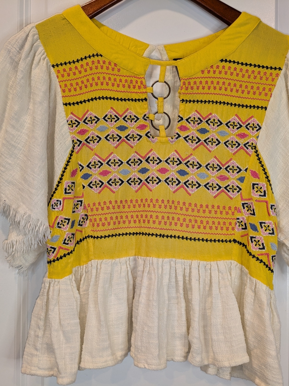 Banjara Embroidered Boho Peasant Top Small Yellow Ivory Flutter Sleeve